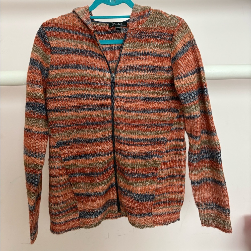 CHARLIE B Orange and Blue Zip Up Sweater